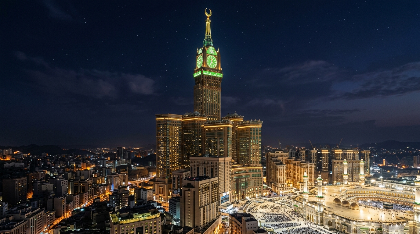 أبراج مكة وساعة مكة الملكية ليلاً