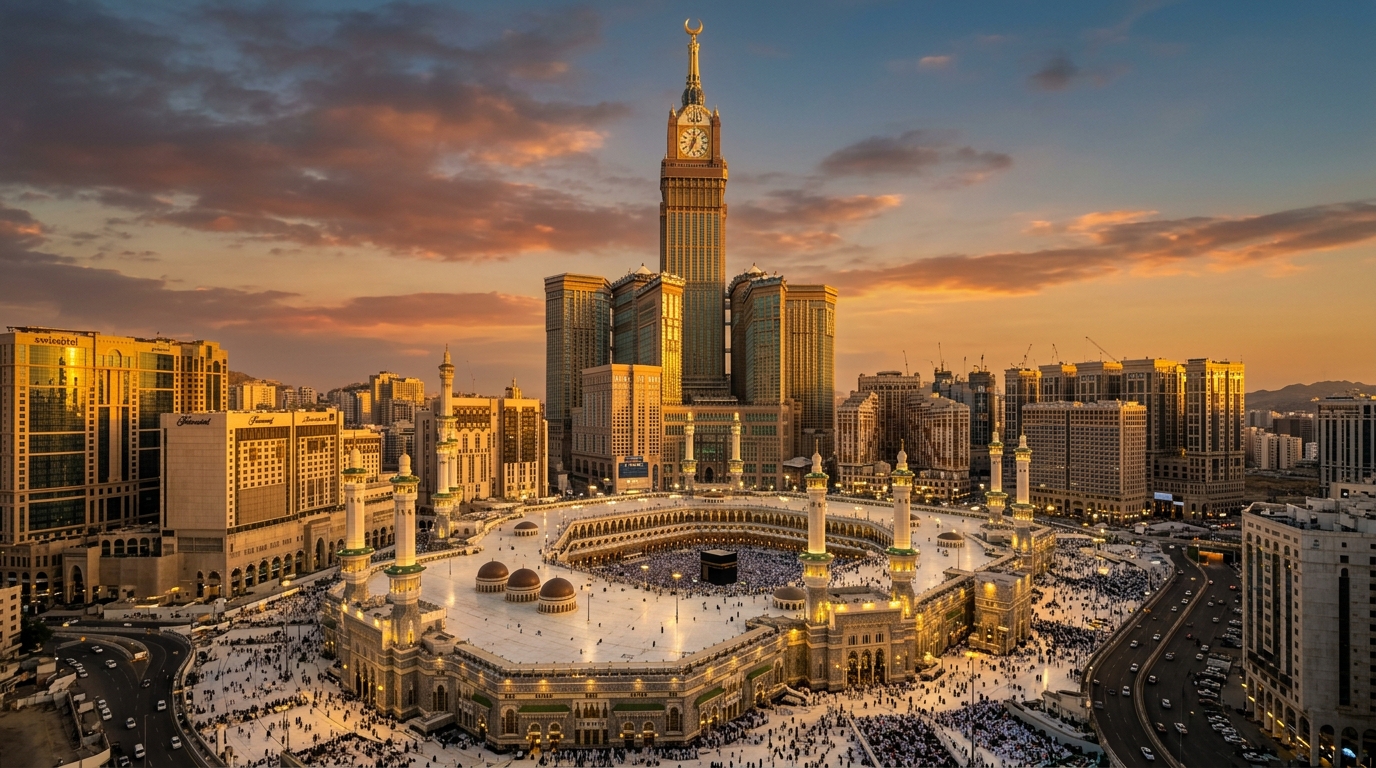 أفق أبراج مكة والحرم في الغروب الذهبي